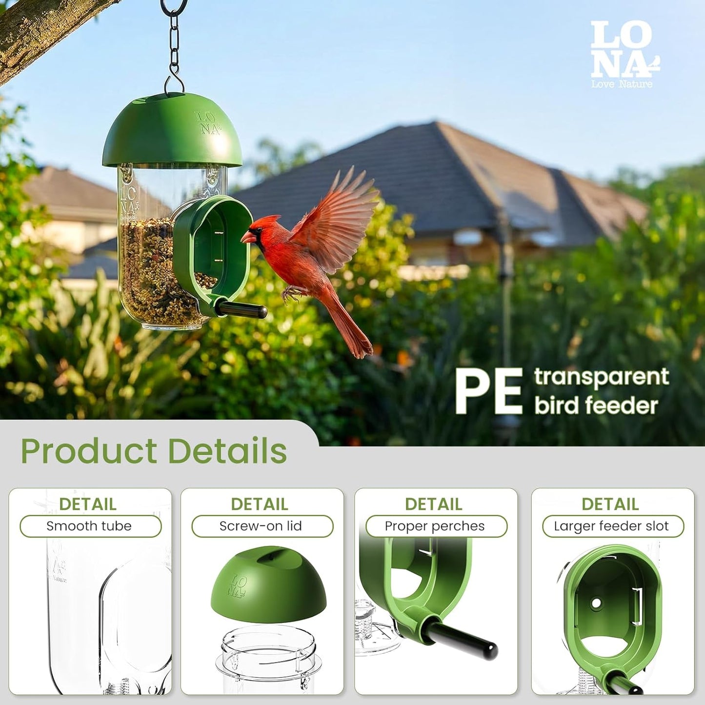 LONA Bird Feeders for Outdoors 2 Pack, Tube Birds Feeder Weatherproof with Multiple Hanging Methods, Wild Feeding Silo for Outside, 1 Port