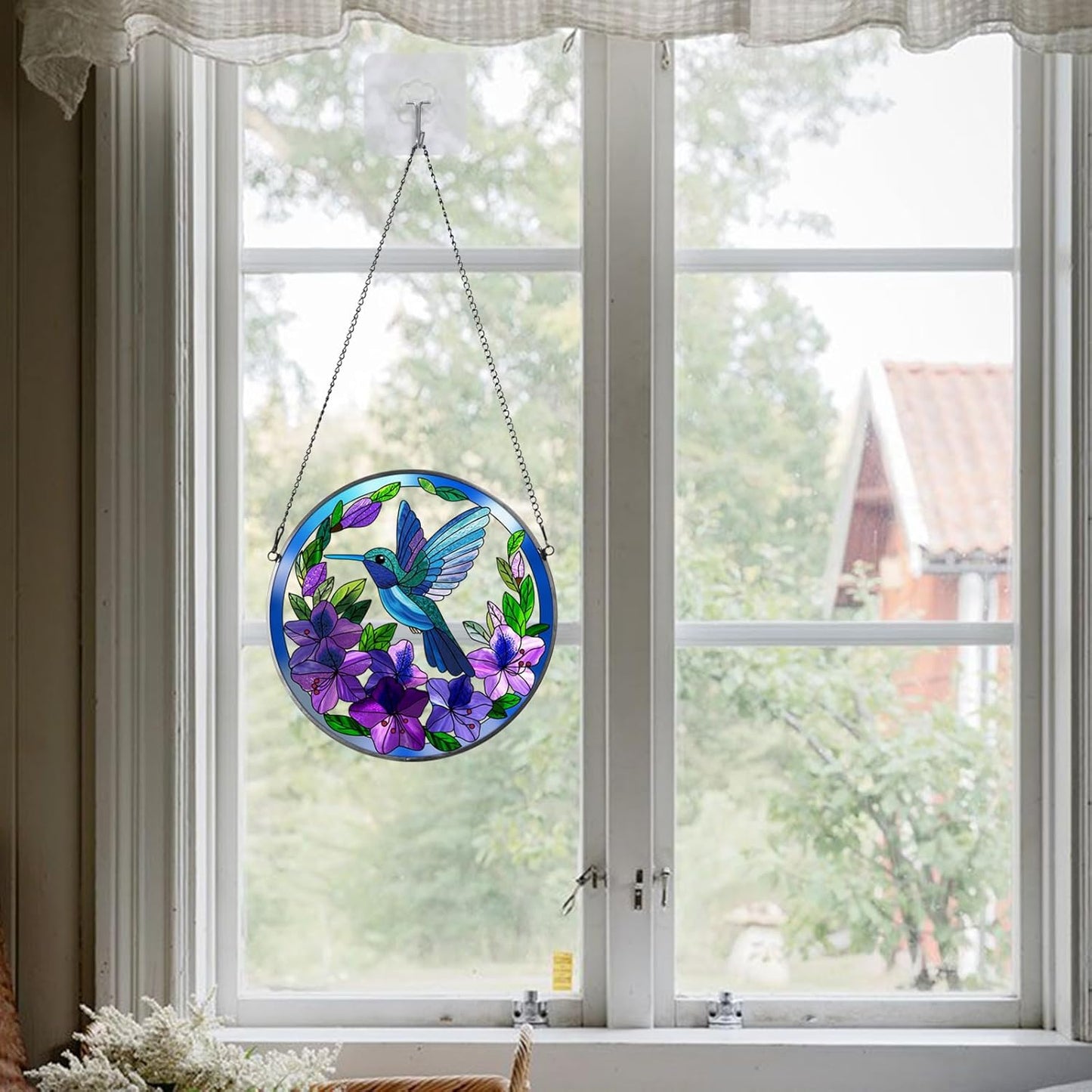 Stained Glass Sun Cather for Window Hanging, Hummingbird Suncatcher with Purple Flowers for Indoor Ornament, Bird Stain Glass Home Decor for Women, Mom, Grandma