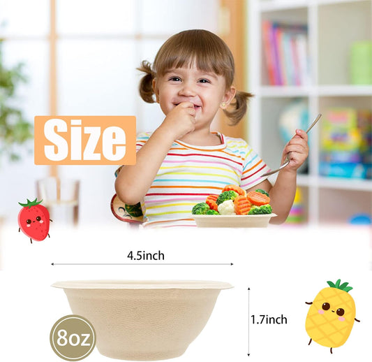 100 Pack 8oz Compostable Paper Bowls,Heavy-Duty Disposable Natural Bagasse Bowls,Biodegradable Soup Bowls,Eco-Friendly,Heat Resistant,for Ice Cream,Salad,Soup,Snack,Dessert,Pasta,Hot or Cold Use