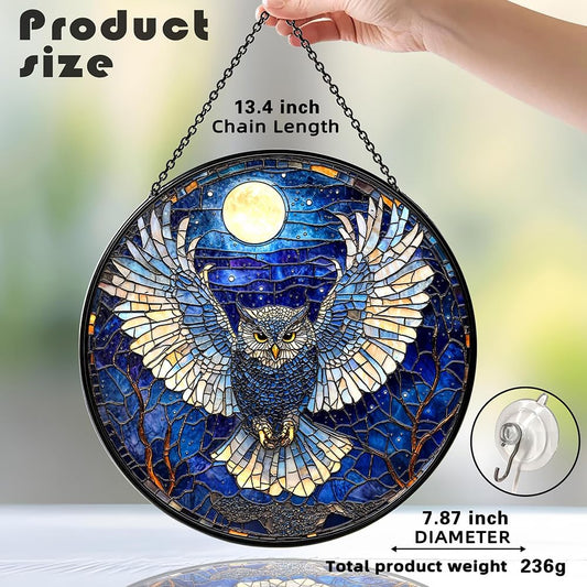 Owl Suncatcher - Moonlit Stained Glass Window Hanging Decor for Nature Lovers, Whimsical Night Bird Gift for Owl Enthusiasts,Sun Catchers Indoor Window, Outdoor Celestial Home Decoration (7.87 Inch)