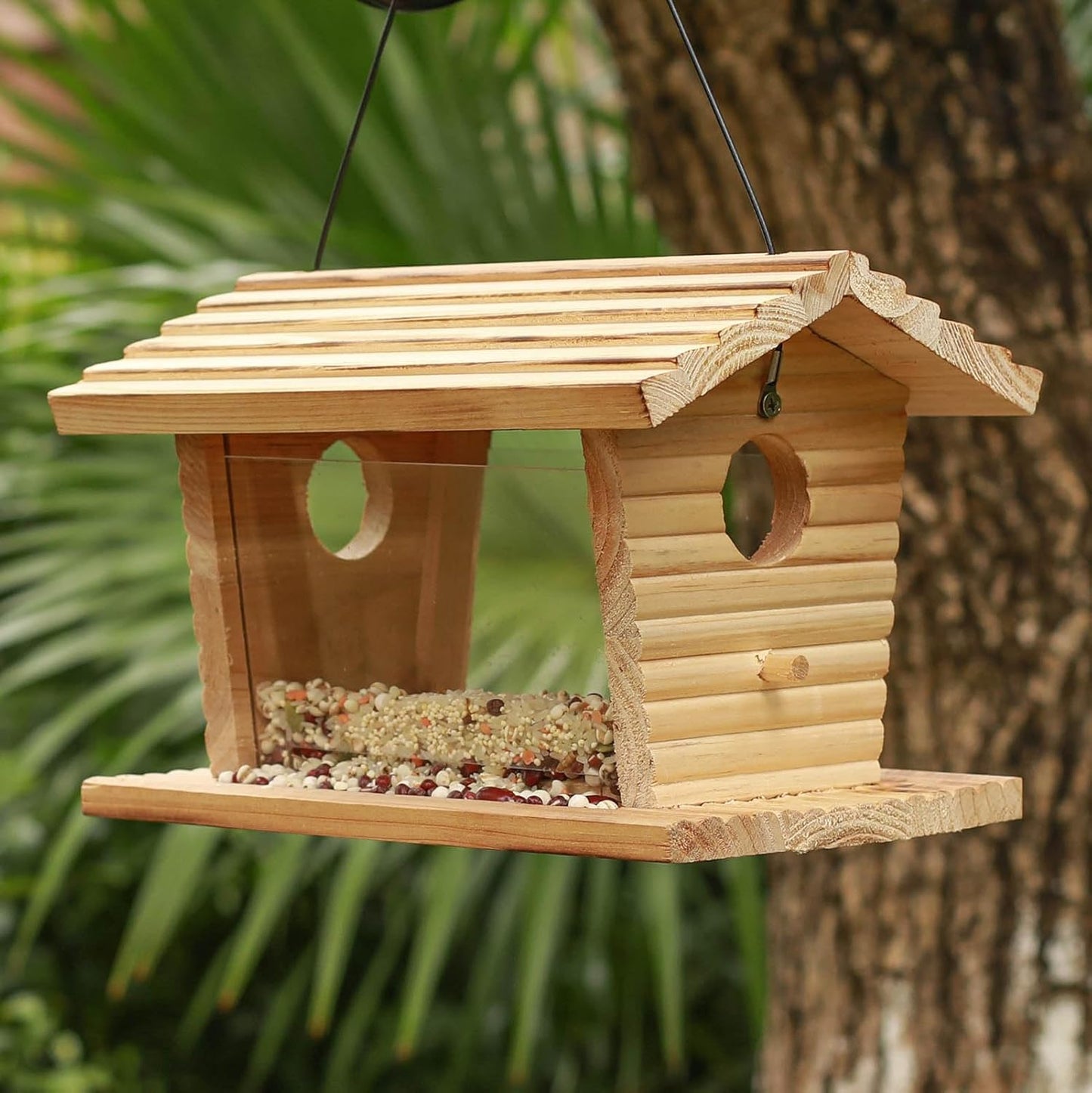 STARSWR Bluebird Feeder Outside,Mealworm Bird Feeder for Outdoors Squirrel Proof Hanging Birdhouse Feeder Wooden Bird House Feeder for Cardinal,Finch