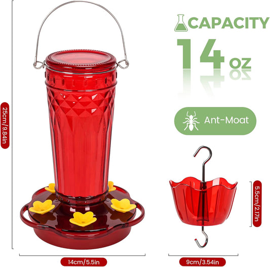 Glass Hummingbird feeders for Outdoors 2pack-14Ounces,5 Feeding Ports Hummingbird Feeder,Wide Mouth for Easy Filling/Cleaning,Hanging for Garden Backyard Decor, Includes Ant Moat (Red)