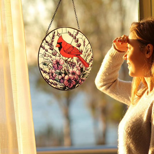 Stained Glass Window Hanging, Cardinal on a Flower Sun Catcher for Win
