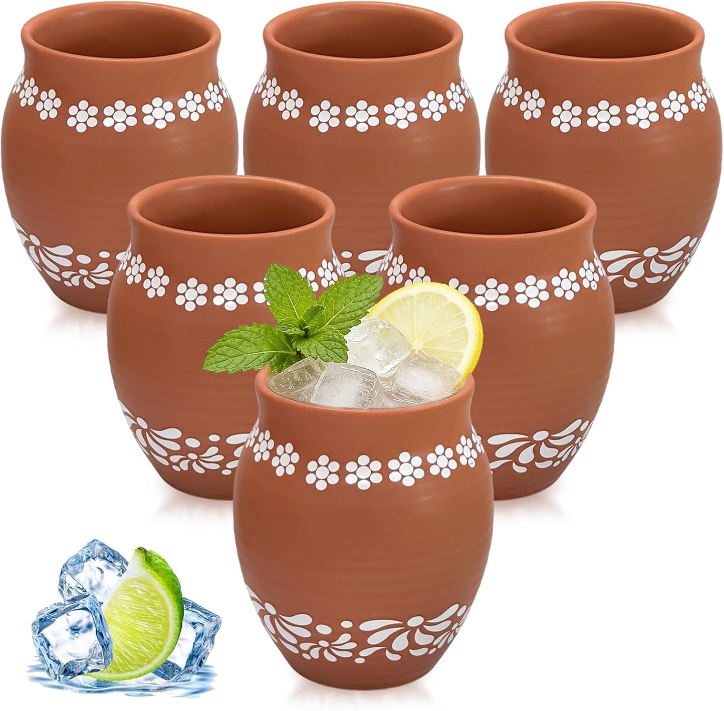 Mexican Style Ceramic Small Vases, 6-Pack Pink Flower Pots with Hand-Painted Daisy & Leaf Patterns, 16oz Decorative Vases for Home Decor, Party Centerpieces, Succulents & Crafts (Brown)