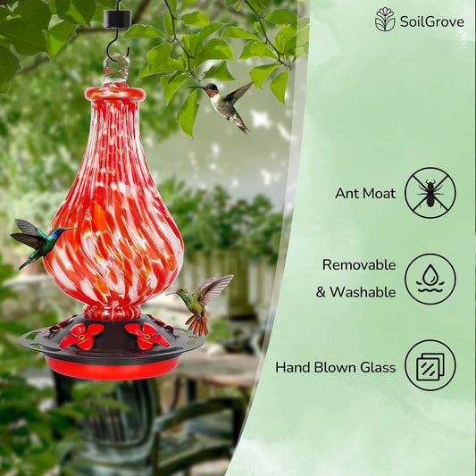Glass Hummingbird Feeder,24oz Red Hand Blown Humming Bird Feeders for Outdoors Hanging with 5 Feeding Ports & Ant Moat,Unique Gifts for Women Men,Hanging Garden Decor