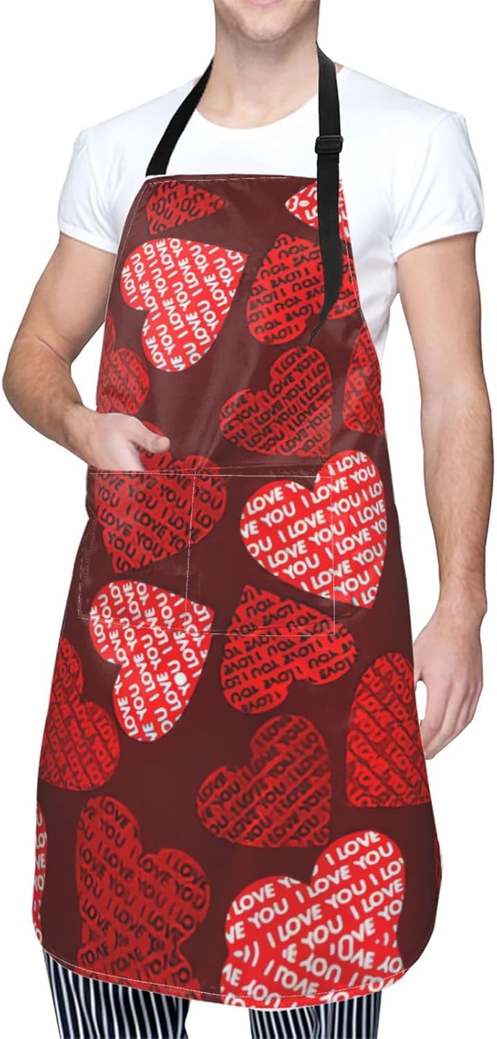 Red Hearts Print Laundry apron 28x33 In Waterproof Kitchen Apron with Pockets for Cooking Baking