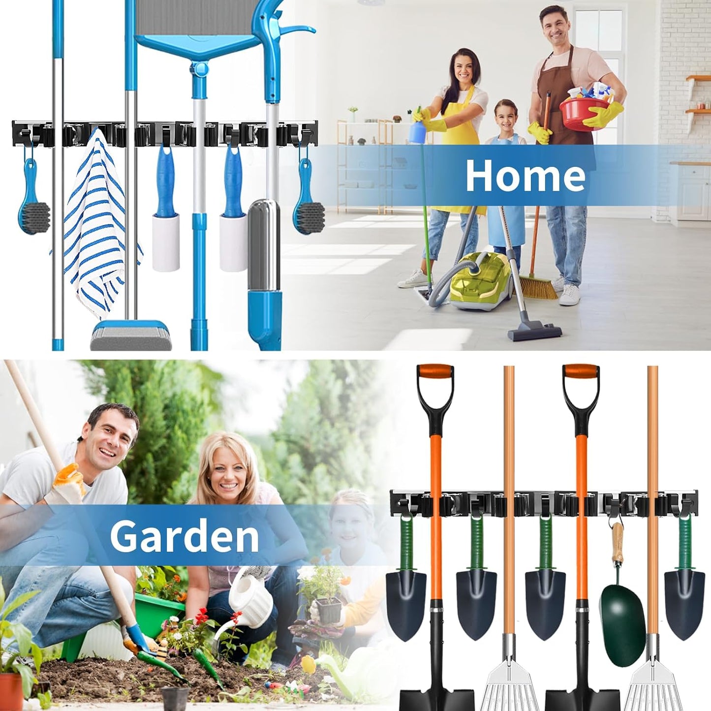 Piyl Broom Mop Holder Wall Mount Broom Hanger Wall Mounted Metal Organization Garage Storage Garden Kitchen Tool Organizer With 4 Racks and 5 Hooks (Silver, 1 Pack 4R5H)