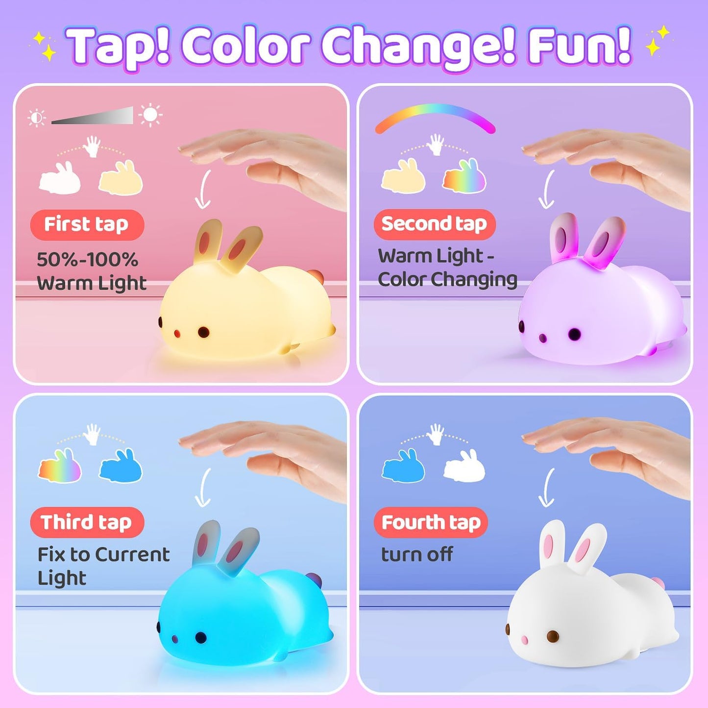 OneFire Easter Bunny Gifts for Kids, 16 Colors Night Light for Kids Cute Lamp, Soft Silicone Baby Night Light, 1200mAh Portable Dimmable Bunnies Touch Lamps, Easter Gifts Bunny Toys Kawaii Room Decor