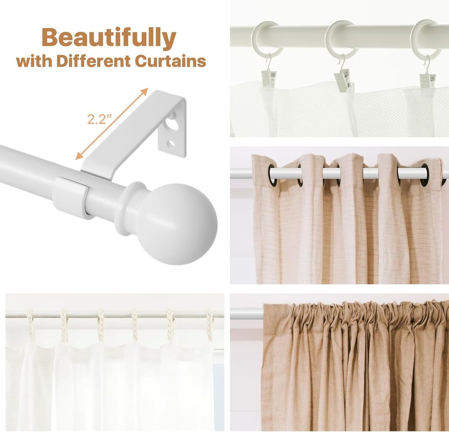White Curtain Rods for Windows 28 to 48 Inch, Heavy Duty Curtain Rod Set with Brackets, Decorative Adjustable Curtain Rods for Bedroom, Living Room, 5/8" Metal Drapery Rod
