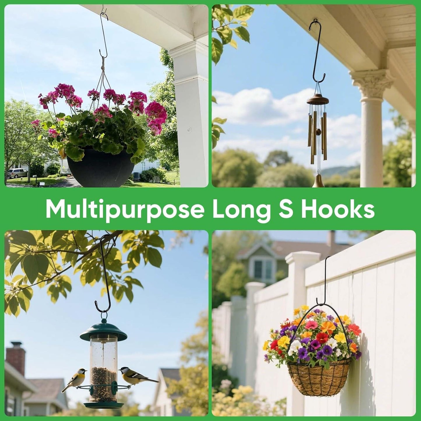 HiGift 8 Pack 12 Inch Long S Hooks for Hanging Plants, Large Plant Hooks for Hanging Baskets Heavy Duty, Black Extender Hooks for Kitchenware, Pergola, Closet, Flower Basket, Bird Feeder, Wind Chimes