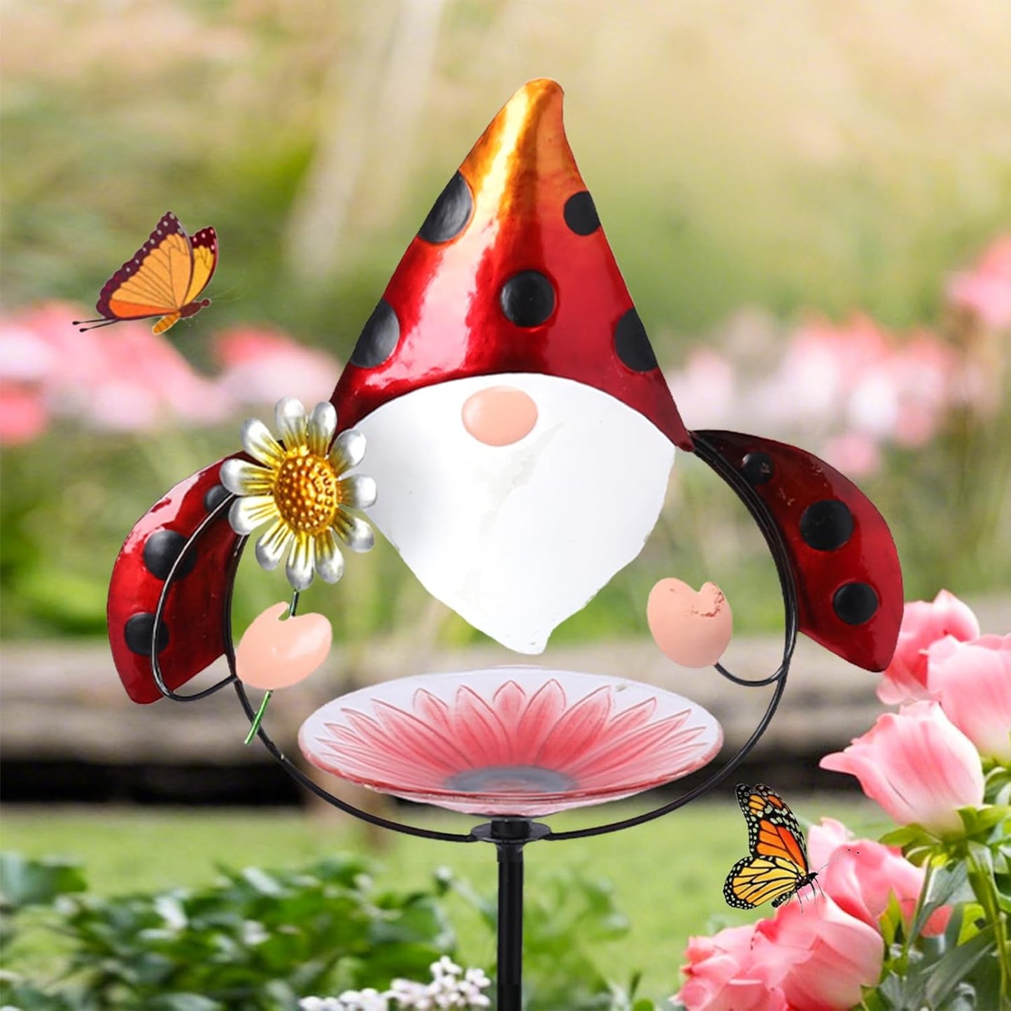 MUMTOP Glass Bird Baths for Outdoors, 32 Inch Height Small Garden Gnome Birdbath Bird Feeders Unique Metal Ladybug Gnomes Decorative for Outdoor Outside Yard Lawn, Red