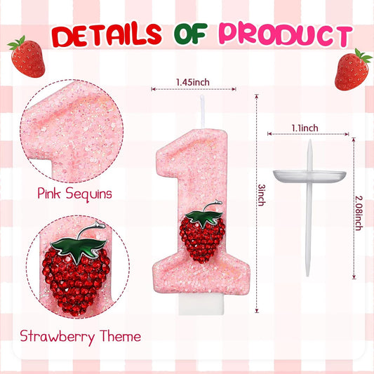 Strawberry 1 Candle for First Birthday Pink Number 1 Candle Berry One Glitter Cake Topper for Strawberry 1st Birthday Party Supplies Anniversary Decorations
