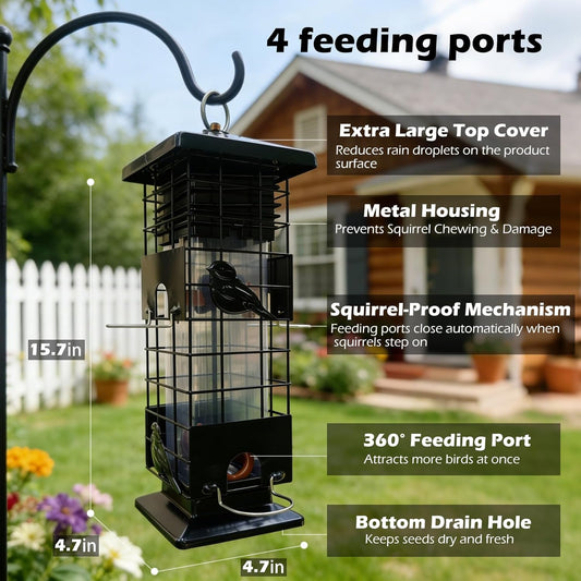 Squirrel Proof Bird Feeders for Outdoors Hanging, Metal Wild Bird Feeder with 4 Feeding Ports | 2.5 LB Capacity, Weather-Resistant for Year-Round Use,Dark Grey