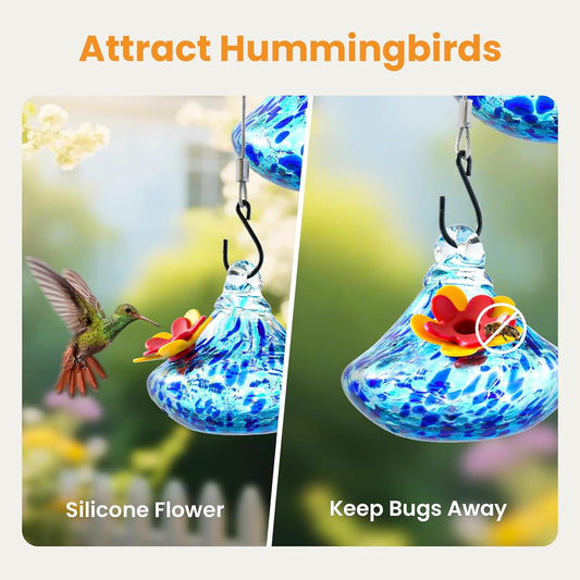 Wind Chime Glass Hummingbird Feeder - 20 Oz Outdoor Hanging Feeder with 6 Ports, Attract More Hummingbirds, Leak-Proof Design, Unique Garden Backyard Decor & Ideal Gift (Blue)