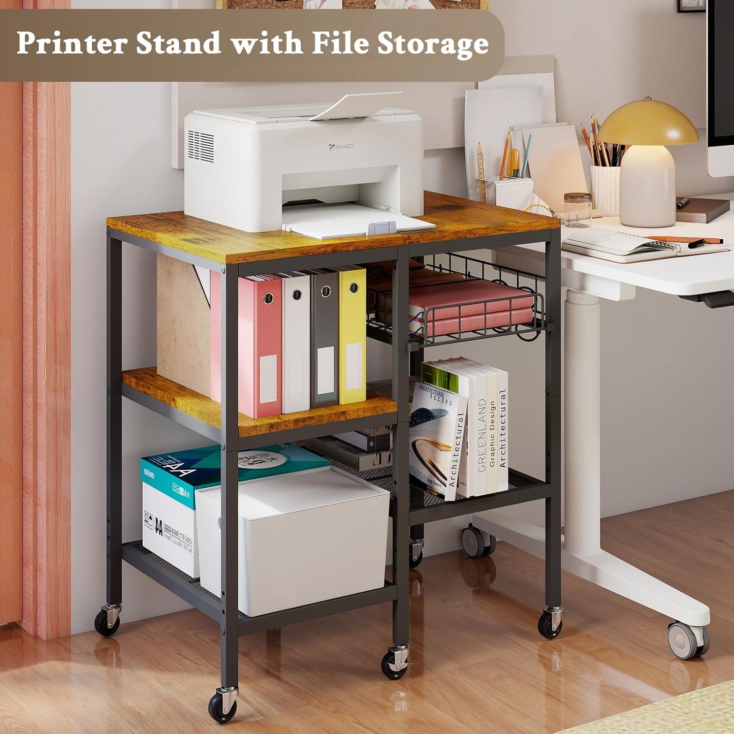 Hadulcet 4-Tier Adjustable Microwave Stand with Storage on Wheels - Rolling Kitchen Cart & Mobile Coffee Bar, Standing Baker's Rack for Kitchen Island, Office, Living Room
