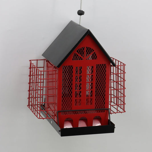 Red House Metal Bird Feeder - 20" Hanging Wild Bird Feeder with Decorative Accents, Large Capacity Outdoor Birdfeeder for Cardinals and Songbirds, Perfect Garden Gift