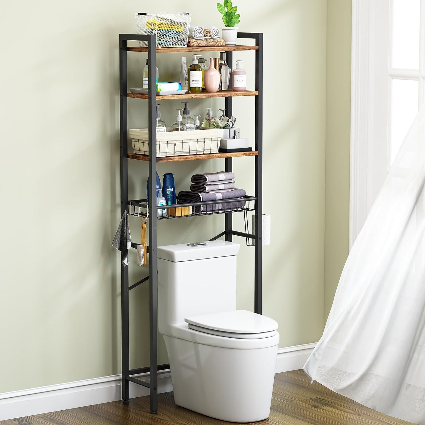 Over-The-Toilet Storage Rack, 4-Tier Bathroom Organizer Shelf Over Toilet with Adjustable Shelf and Basket, Freestanding Space Saver Bathroom Shelves Above Toilet for Room (Vintage Brown)