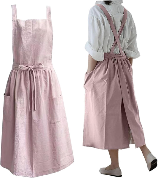 Cotton Cross-Back Garden Apron with Pockets Cute Work Apron for Restaurant & Flower Shop