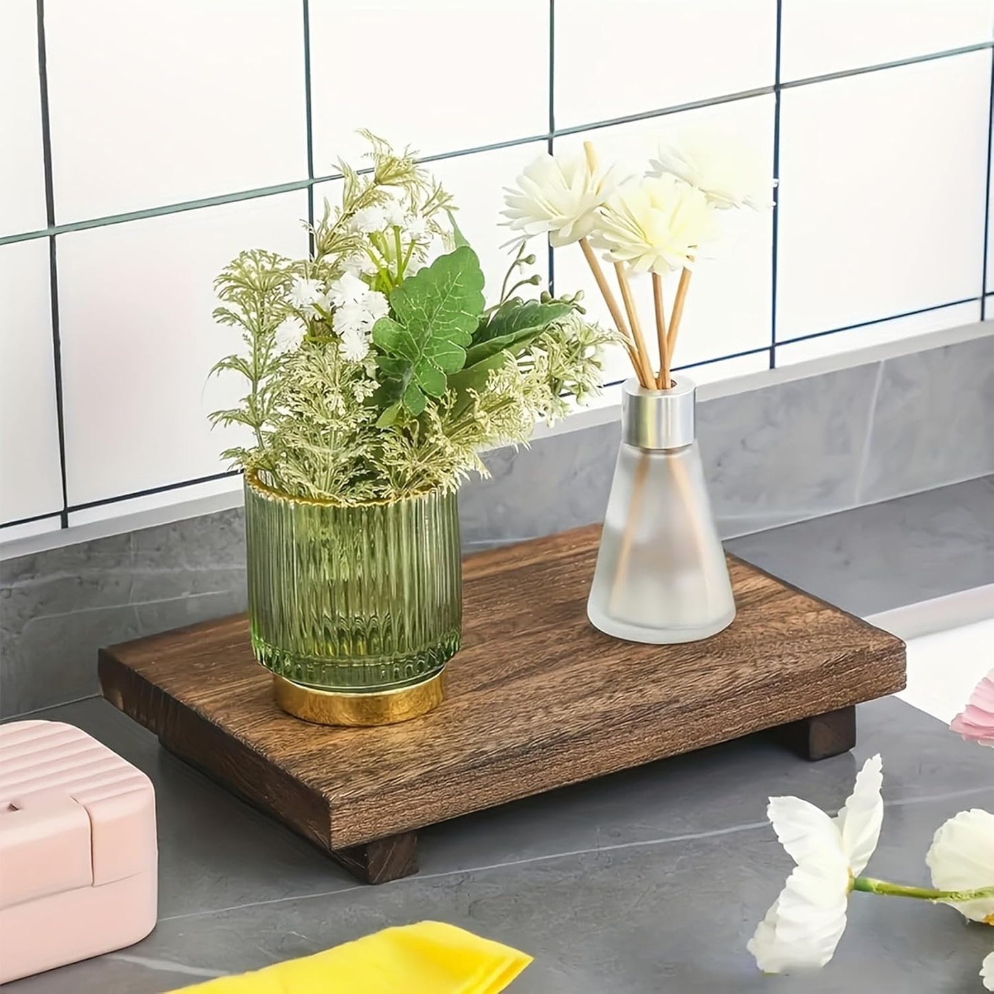 2 PCS Wood Pedestal Stand Risers for Decor, Small Wooden Tray Farmhouse Bathroom Decor for Soap Bottle Plant Makeup Candles Towels Jewelry, 9 x 5.9 x 1.57 Inch