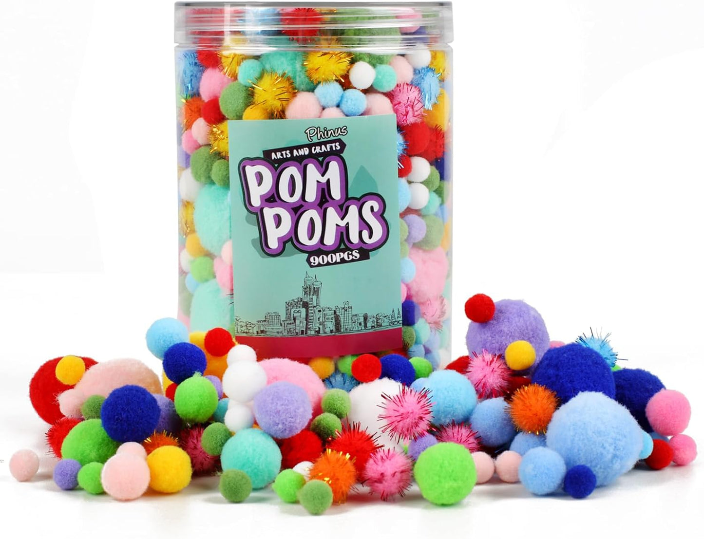 Phinus 900 PCS Pom Poms, Multicolor Bulk Pom Poms Arts and Crafts, Soft and Fluffy Craft Pom Poms, Assorted Sizes Pompoms, for Arts and Craft Making Decorations