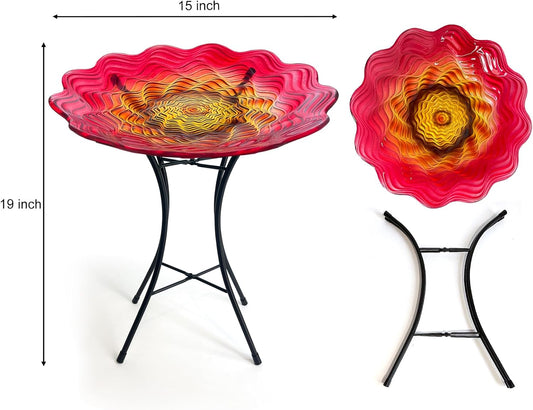 HONGLAND Bird Bath for Outside,15" Diameter Large Glass Birdbaths for Outdoors,Detachable Bird Baths Bowl with Metal Stand for Garden Patio Lawn Decor,19" Height - Red