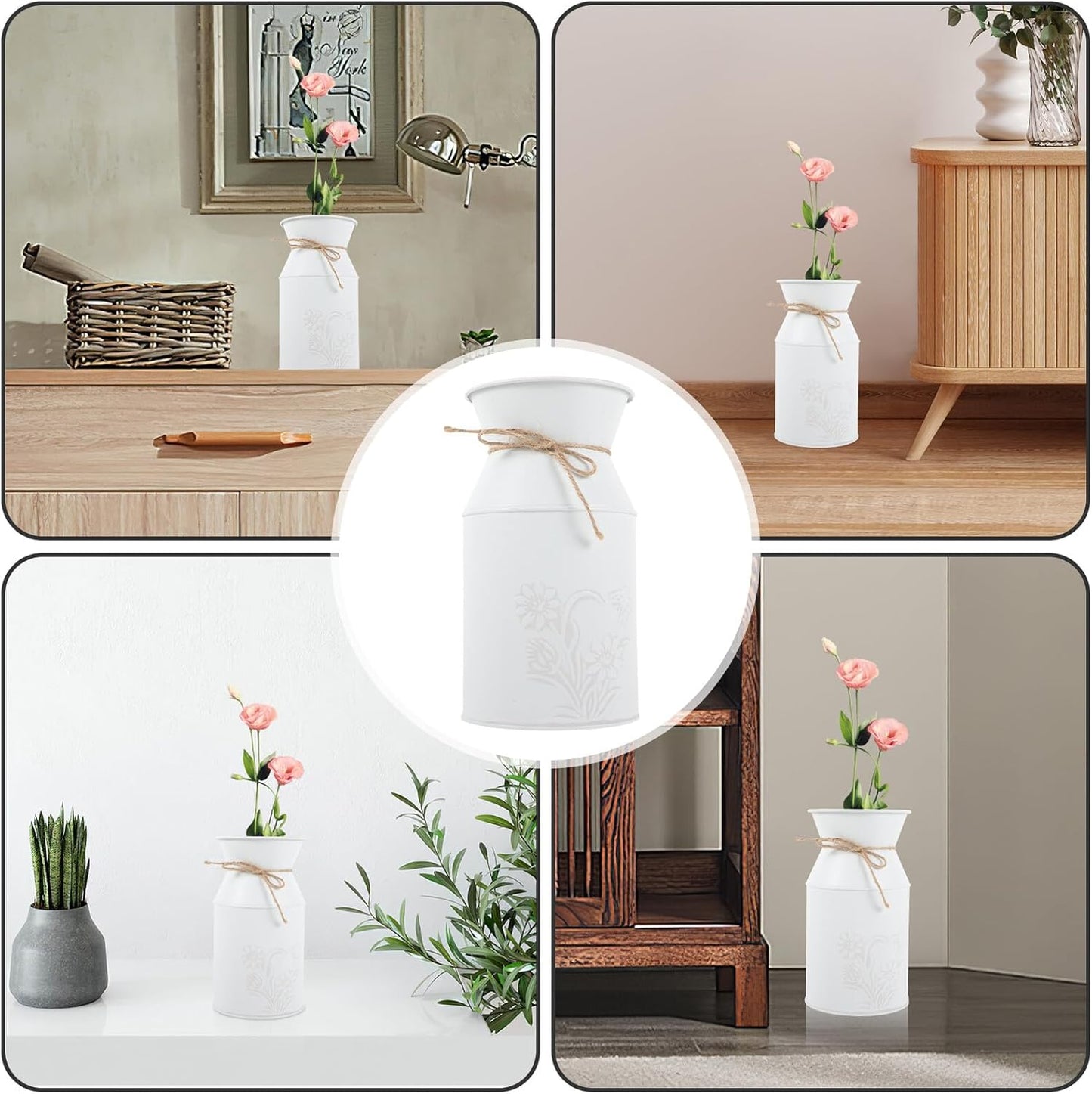 Vintage Rustic Iron Plant Pot Milk Jug Flower Vase White Metal Planter Bucket Decorative Farmhouse Flower Container for Indoor Floral Arrangements