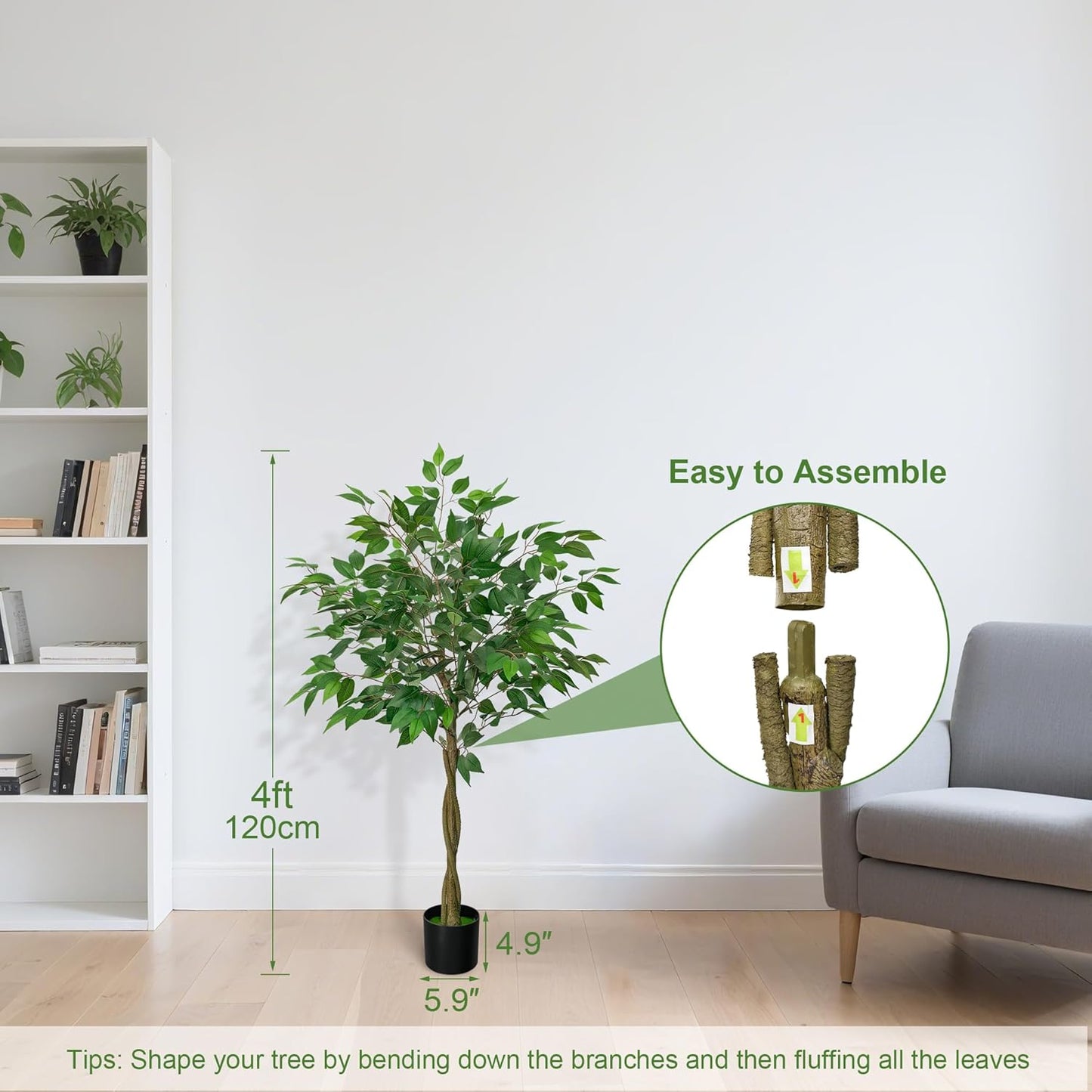 Artificial Ficus Tree with 3 Natural Curved Trunks, 4FT Tall Faux Ficus Tree in Sturdy Plastic Nursery Pot, Faux Plant for Office Home Living Room Farmhouse, Indoor Outdoor Decor