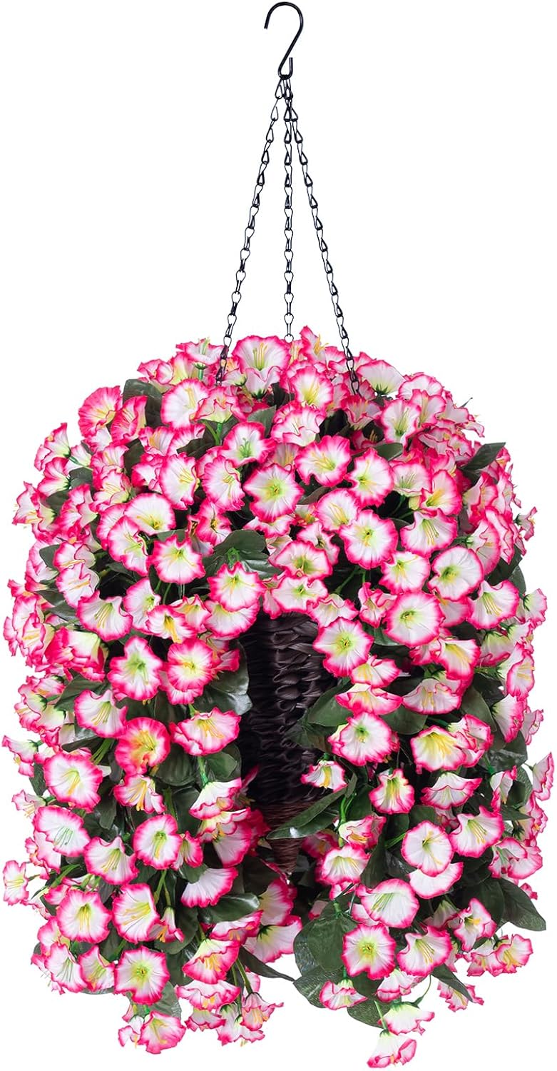 Artificial Fall Hanging Flowers in Basket Fake Plant for Outside, Silk Pink Morning Glory Flower Arrangement for Outdoor Decor, UV Resistant Realistic Floral Planter for Porch Patio Balcony