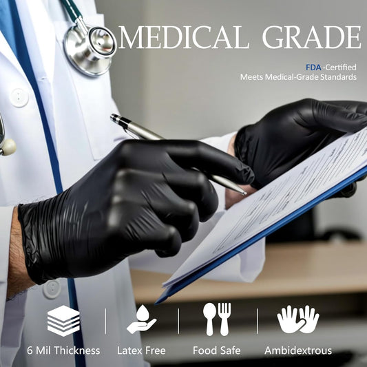 PROMEDIX P Black Disposable Nitrile Gloves, 6Mil 100 Pcs Food Safe Cooking Gloves Latex Free Rubber Gloves for Cleaning Exam