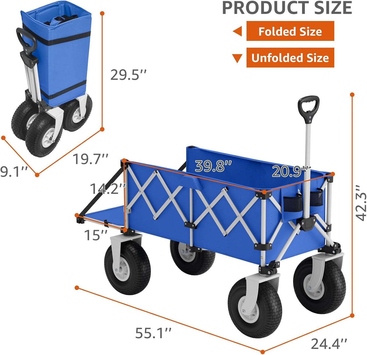 Blue Beach Wagon with Big Wheels for Sand - Heavy Duty 10" Wheel Collapsible Wagons Foldable Large Wagon Cart Folding All Terrain for Camping