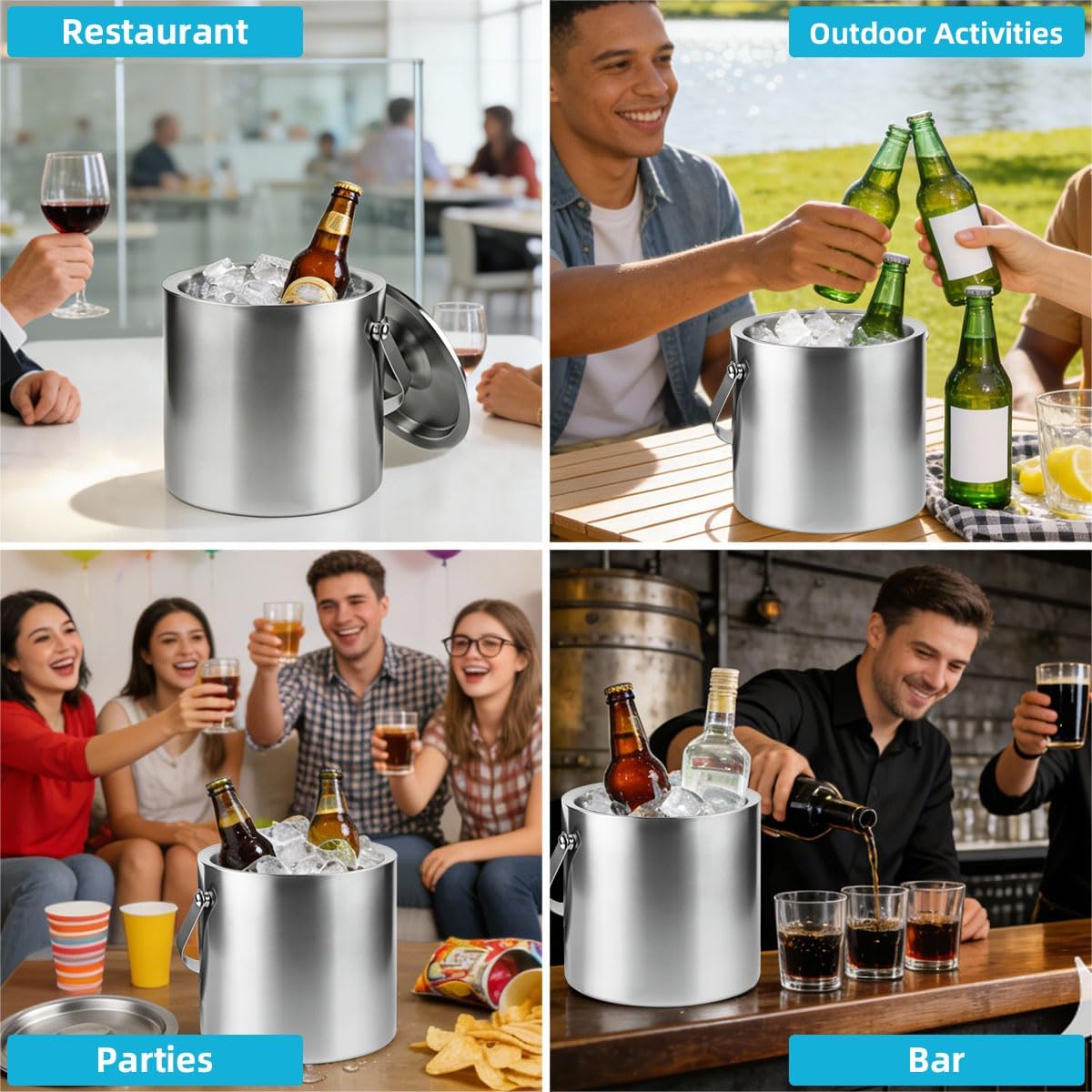 ChefBee Stainless Steel Ice Bucket - 3L Double-Wall Insulated Ice Buck