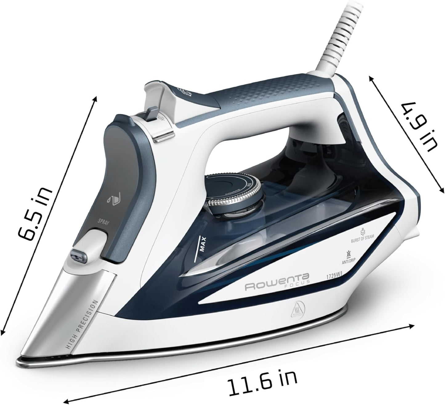 Rowenta Focus Excel Steam Iron for Clothes, Anti-Drip Protection, Iron Steamer for Clothes, 1725 Watts, DW5280, Grey