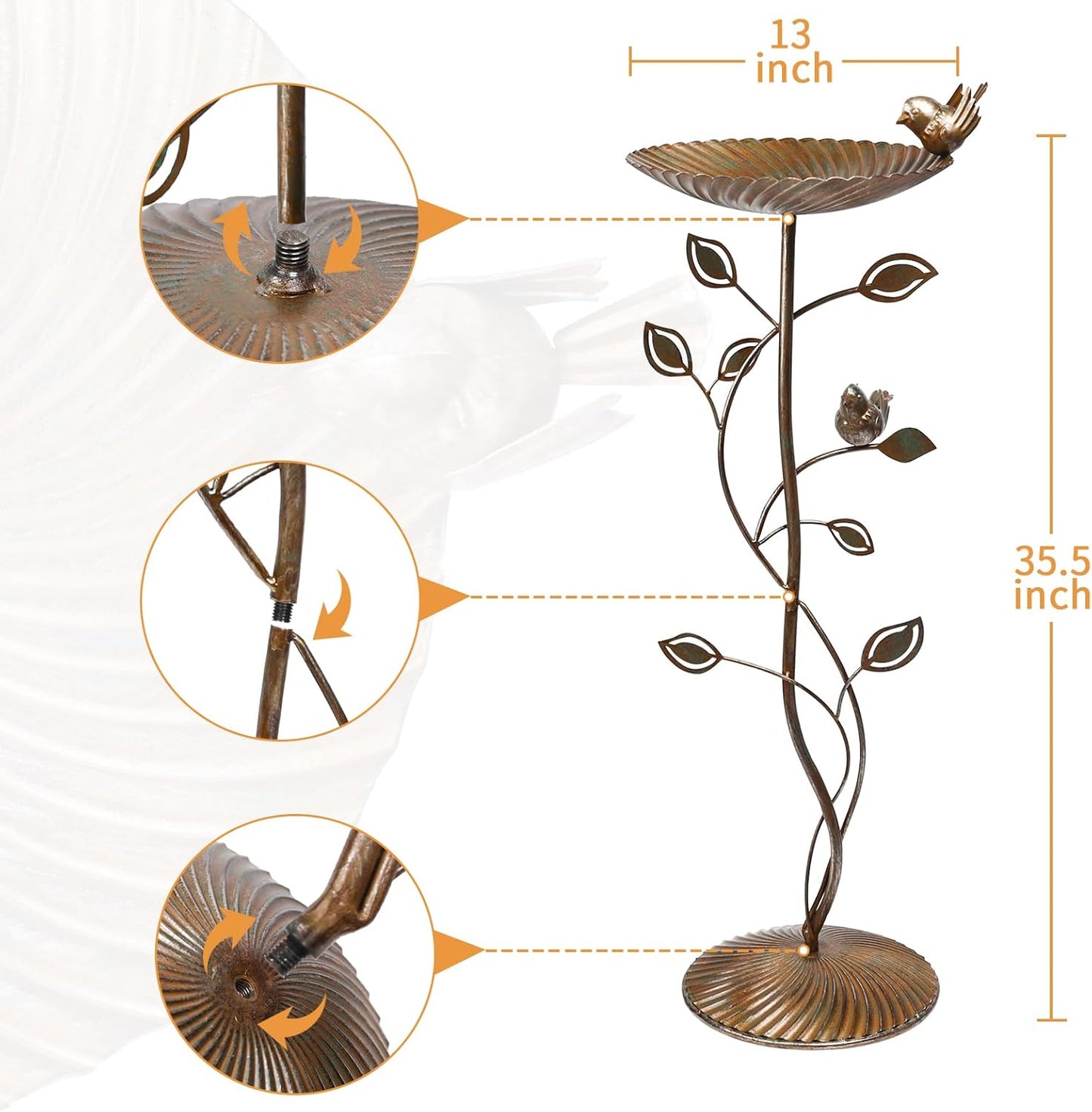MUMTOP Metal Bird Baths for Outdoors, 35.5 inch Height Iron Pedestal Bird Bath for Outside, Vintage Sturdy Birdbath and Feeder Bowl for Garden Yard Patio Porch Decorations