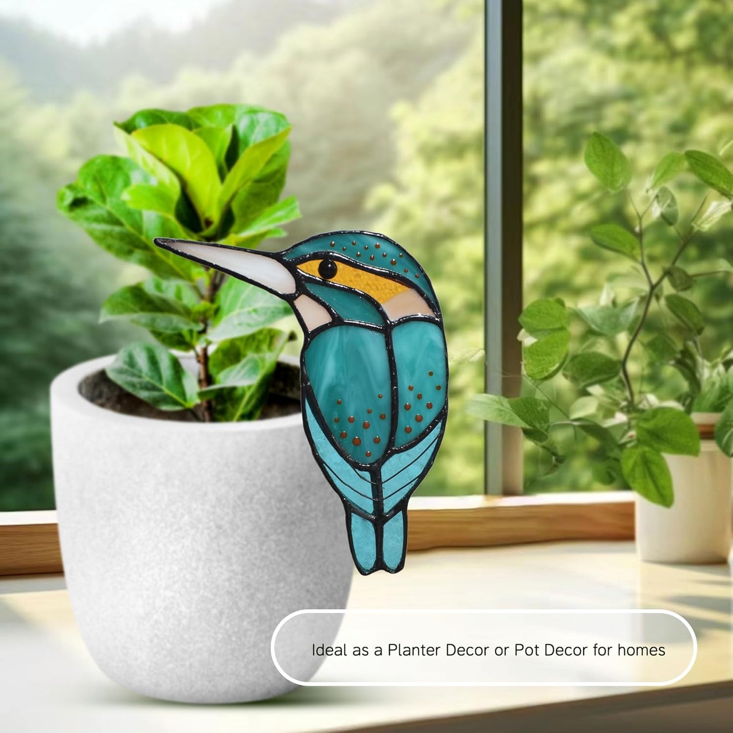 Lolitarcrafts Stained Glass Kingfisher Suncatcher for Planter Decoration-Colorful Glass Plant Pot Ornament,Bird Lover Gifts,Plant Lover Gifts
