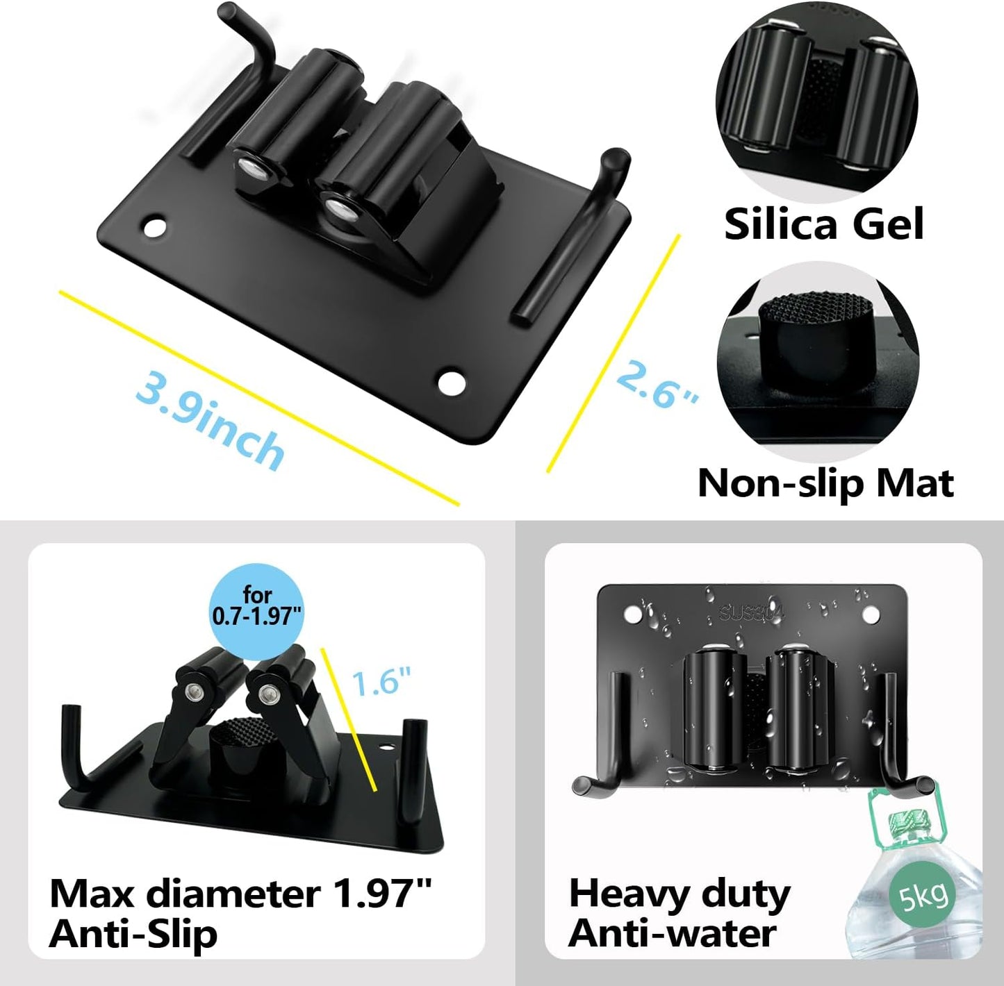 Mop and Broom Holder Wall Mount Stainless Steel 304 Tool Garage Organization Rack Screw and Self Adhesive Broom Hanger Heavy Duty 4pcs (Double Hooks Big Size,4pcs Black), TBJ001