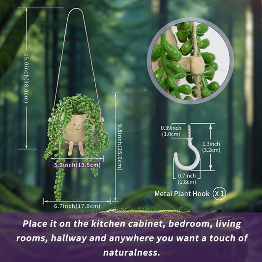 Artificial Hanging String of Pearls Succulent in Cute Smiley Face Swing Planter, Fake Trailing Succulent Plant for Indoor Outdoor Home Wall & Window Decor | Includes Hanging Hook