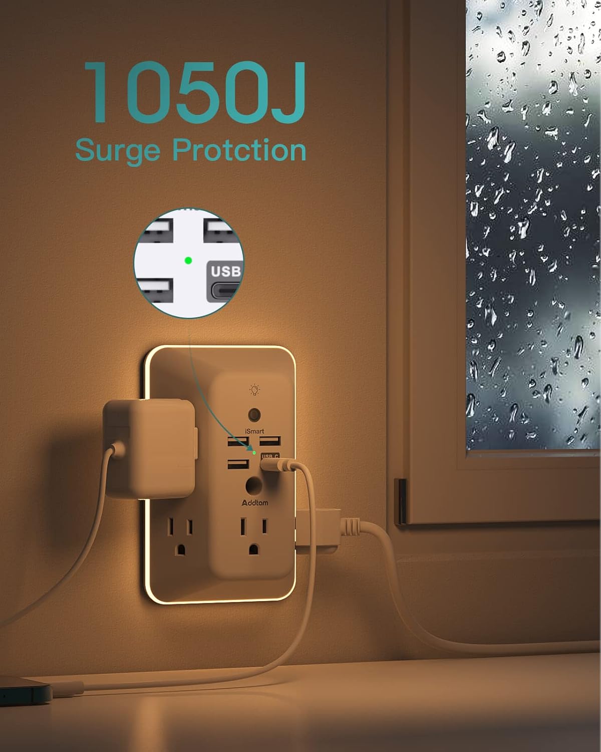Surge Protector, Outlet Extender with Night Light, Addtam 5-Outlet Spl