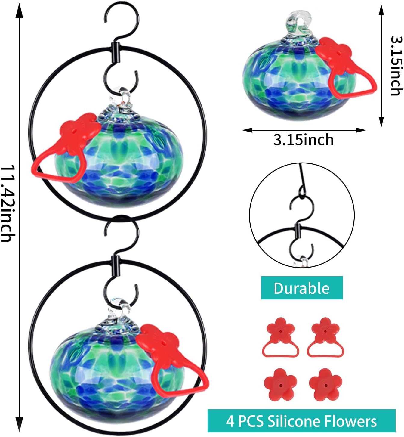 2 Pack Hummingbird feeders for Outdoors Hanging with Iron Hook,Hand Bl