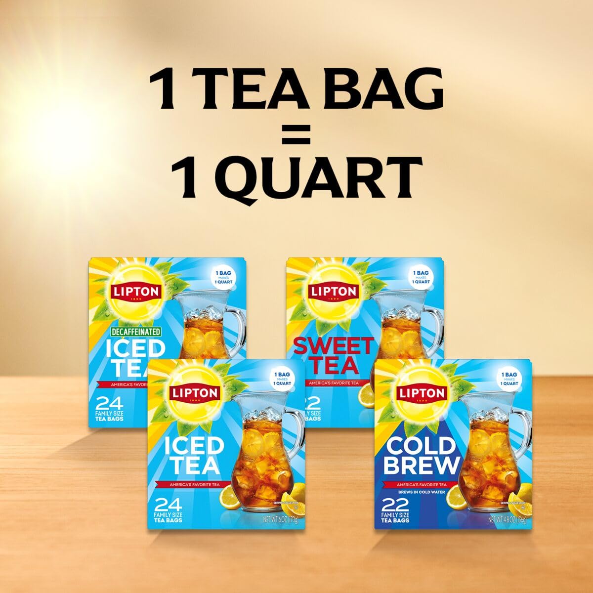 Lipton 콜드 브루 아이스 티백, 패밀리 사이즈 제로 칼로리, 끓이지 않고 쉽게 만들 수 있음, 티백 총 22개