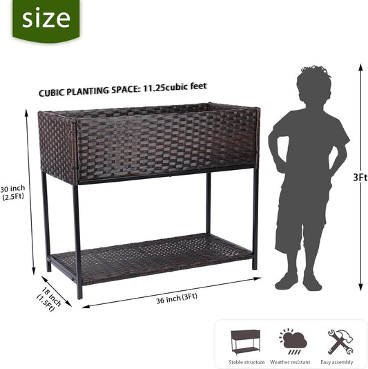 Raised Garden Bed - Rattan Raised Bed Wicker Elevated Raised Garden Bed with Underneath Tool Storage Rack Outdoor Raised Planter Box