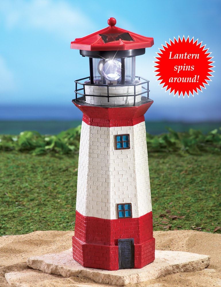 Jumbl 15" Red Solar Lighthouse with Rotating LED – Nautical Outdoor Resin Décor for Coastal Gardens and Yards