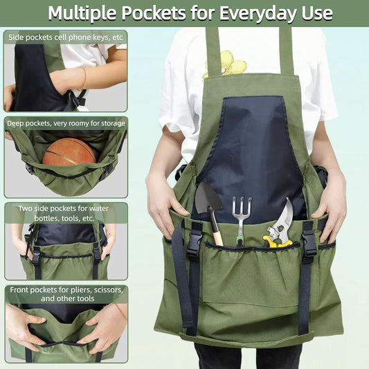 Garden Apron with Green Gloves-Adjustable Waist, Water-Repellent Garde