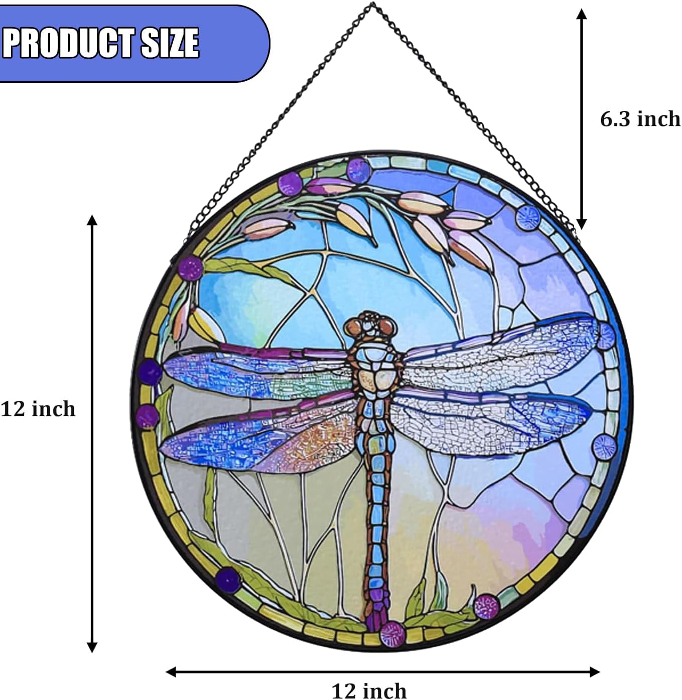 12 Inch Stained Glass Window Hanging, Large Dragonfly Suncatcher, Stained Glass Window Suncatcher, Dragonfly Home Wall Art Decor for Indoor/Outdoor, Hand Colorful Panel Sun Catcher, Gift for Mom