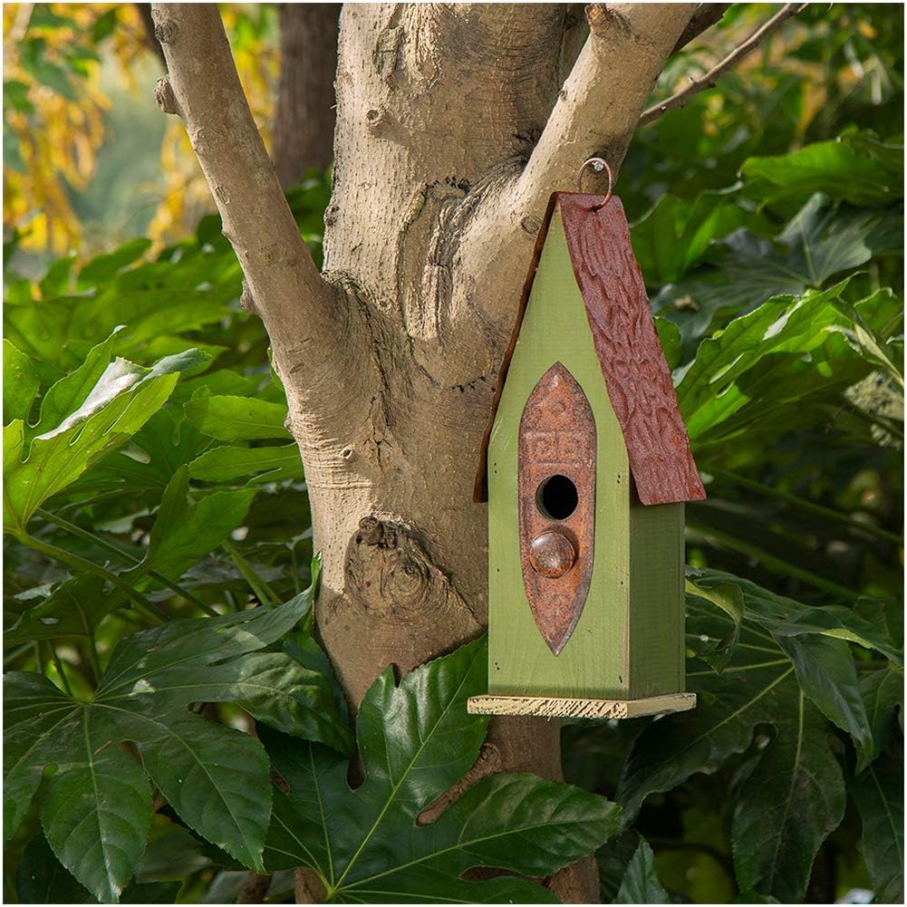 Glitzhome Bird Houses for Outside, 13.25" H Distressed Green Solid Woo