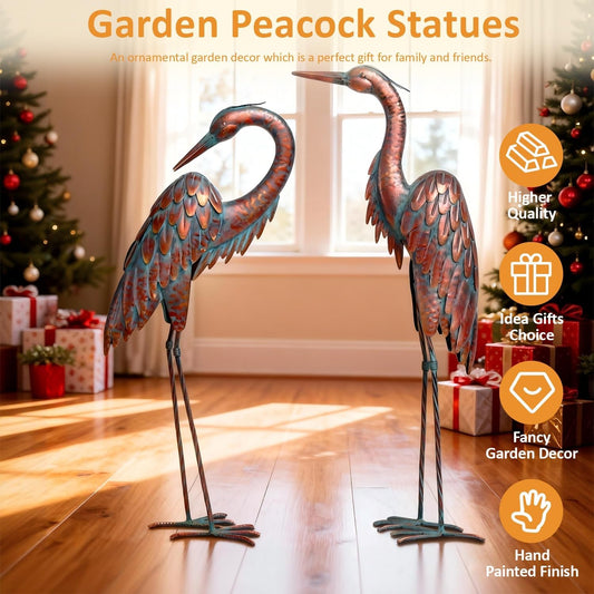 Kircust Metal Crane Statues - Set of 2 Bronze Heron Sculptures for Gar