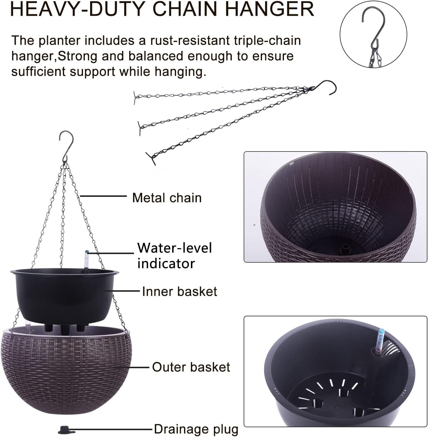 Vencer 11 Inch Round Resin Rattan Hanging Planters,Self Watering Hanging Basket for Indoor Outdoor Plants,Hanging Flower Pots with Drain Hole and Metal Chain,Water Indicator,Coffee,VF-A15-C