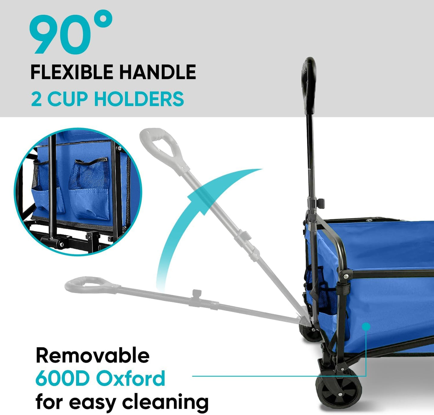 Collapsible Wagon with Quiet Wheels - Silent Grocery Shopping Cart for Seniors, Foldable Utility Cart for Laundry & Apartment, Washable Heavy Duty Rolling Wagon with Two Mesh Pockets, Blue