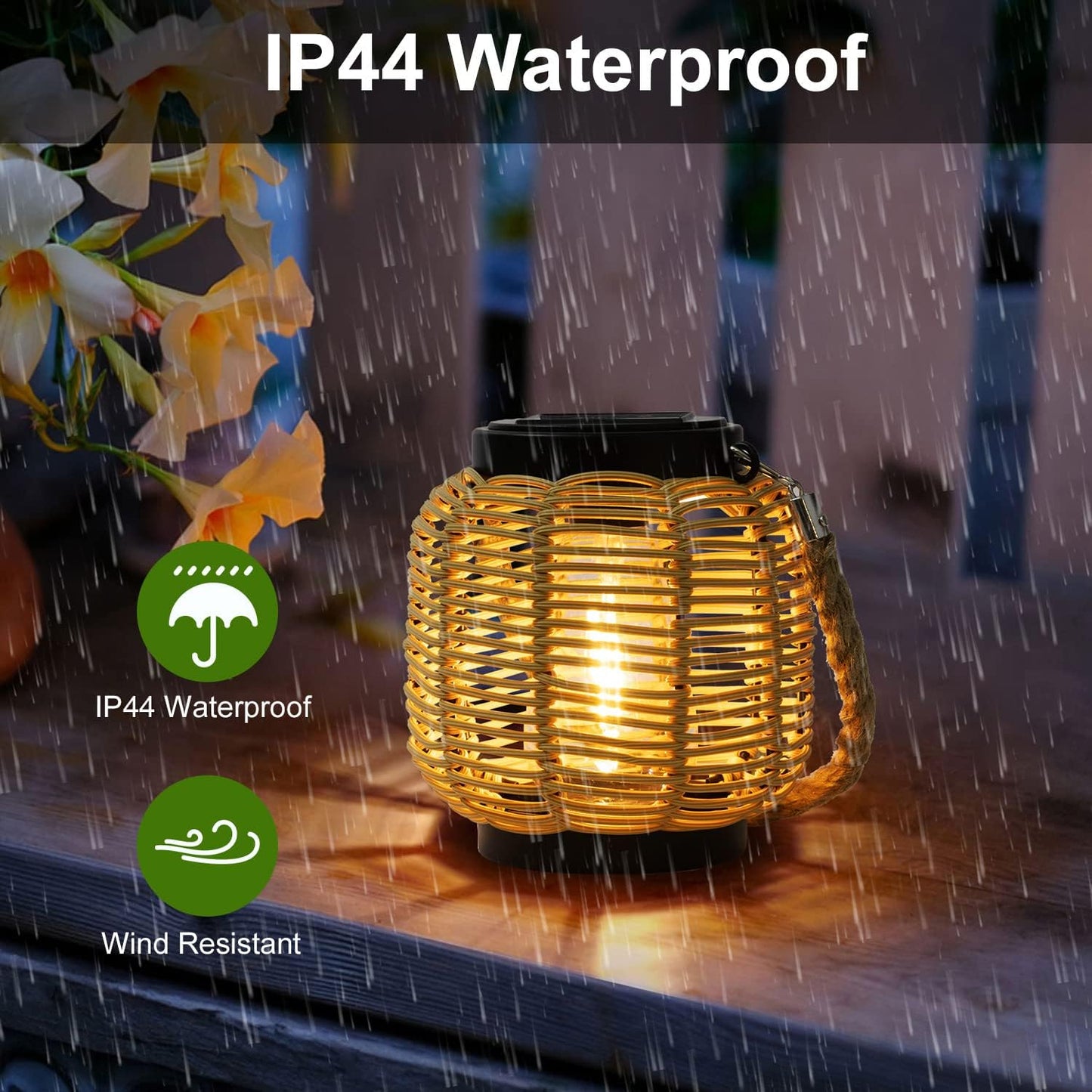 Livinlarge Solar Rattan Lantern with Twine Handle - Outdoor Waterproof Solar Lanterns for Table, Deck, Yard, Patio, Walkway, Porch & Home Decor