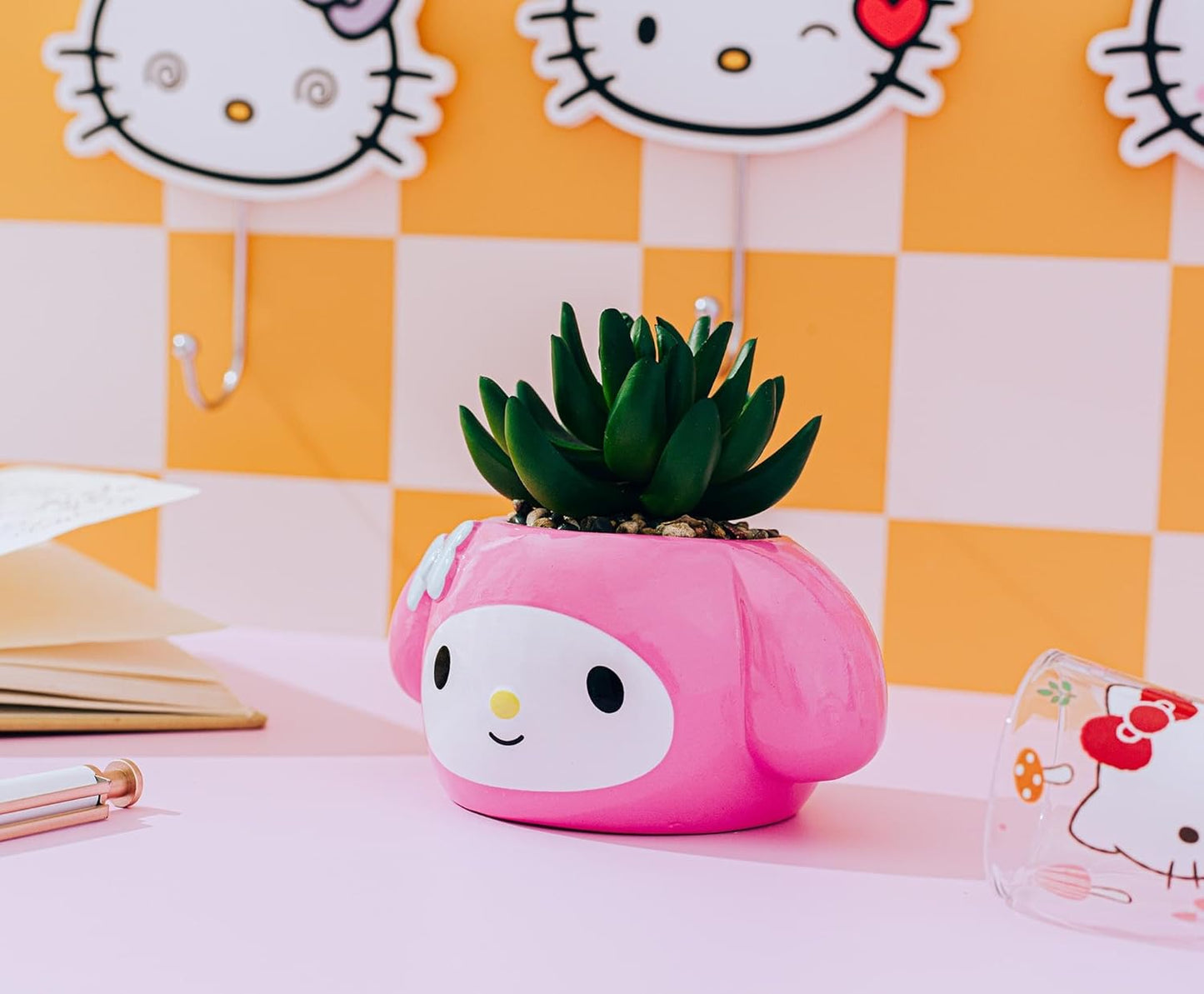 Toynk Sanrio My Melody 3-Inch Sculpted Ceramic Mini Planter with Artificial Succulent | Cute Flower Pot, Faux Indoor Plants