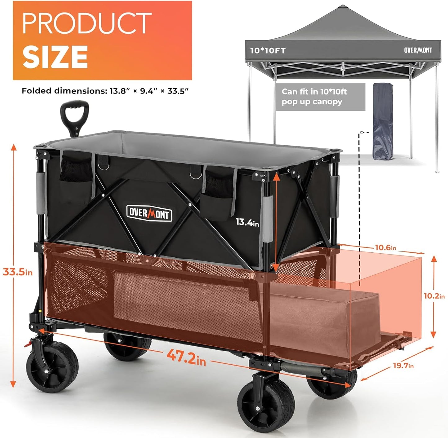 Overmont 400L Foldable Double Decker Wagon - Large Capacity Collapsible Wagon Cart- 47" Extra Long Extender - All-Terrain Big Wheels for Camping, Football Game, Sports Events, Support Up to 450lbs